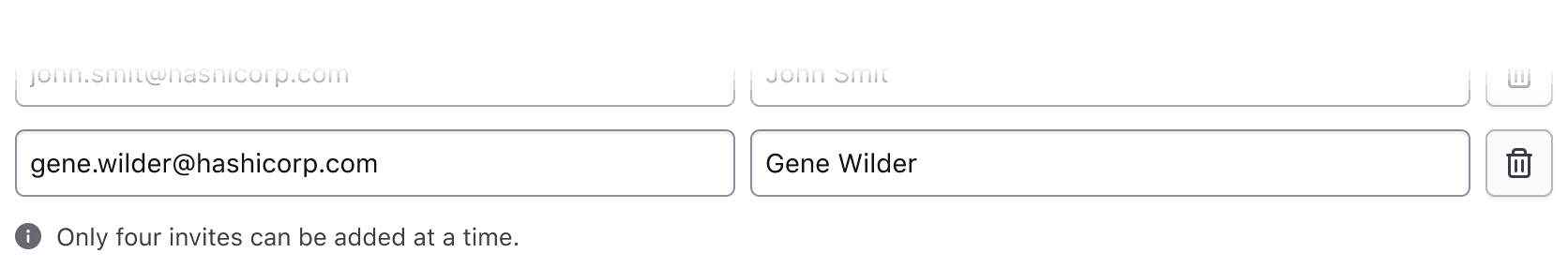 After the last input row, there is a neutral alert that says "Limit of four invites has been reached."